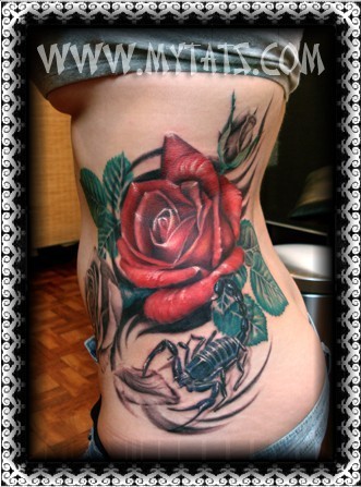 点击大图看下一张：腰部红艳的玫瑰花 刺青图片