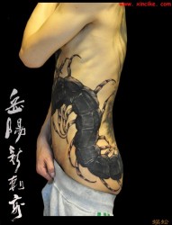侧腰部大幅黑色蜈蚣纹身图案