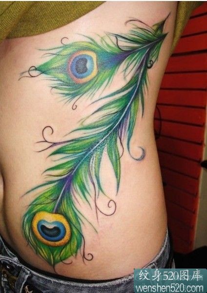 点击大图看下一张：腰部彩色的大型羽毛纹身图案作品
