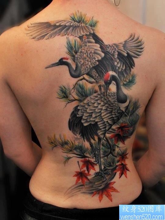点击大图看下一张：一幅非常经典的满背仙鹤纹身图片