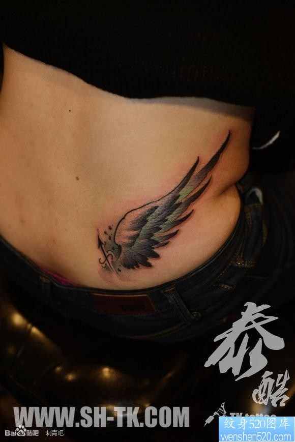 点击大图看下一张：女人侧腰彩色翅膀纹身图片