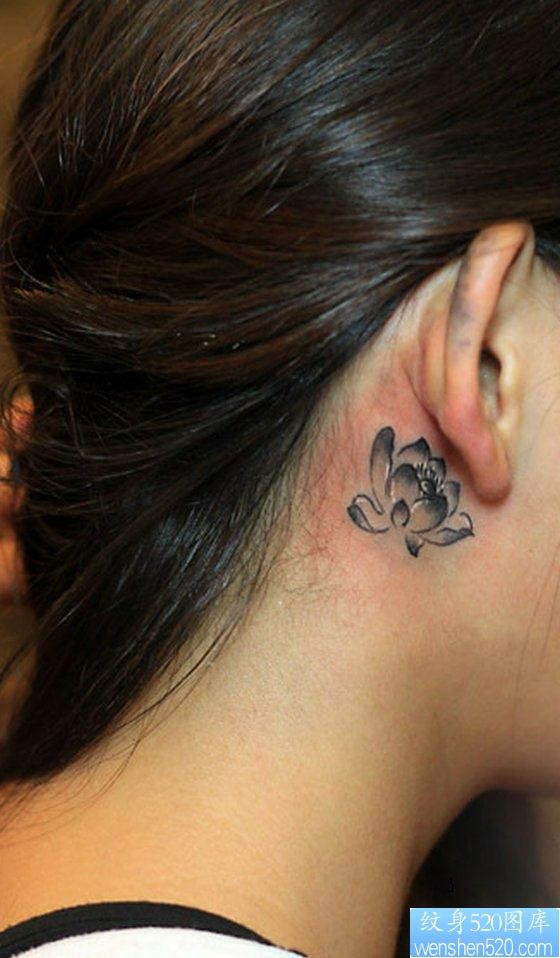 点击大图看下一张：纹身520图库推荐一幅耳后莲花纹身图片