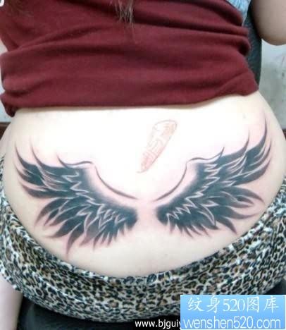 点击大图看下一张：纹身520图库推荐一幅女人腰部翅膀文身图片