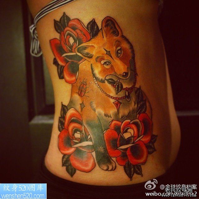 点击大图看下一张：一幅腰部彩色school狐狸纹身作品