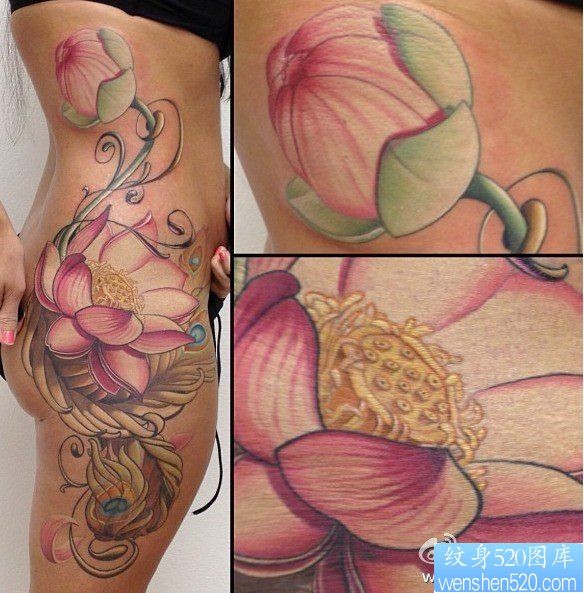 点击大图看下一张：一幅女人腰部彩色莲花纹身作品