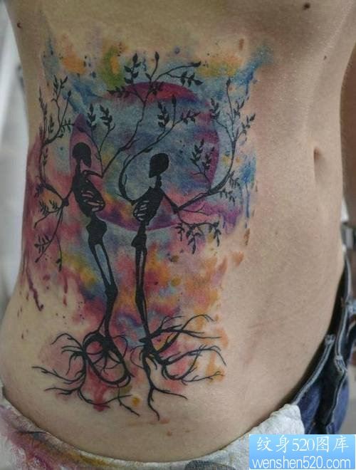 点击大图看下一张:侧腰彩色泼墨骷髅纹身图案