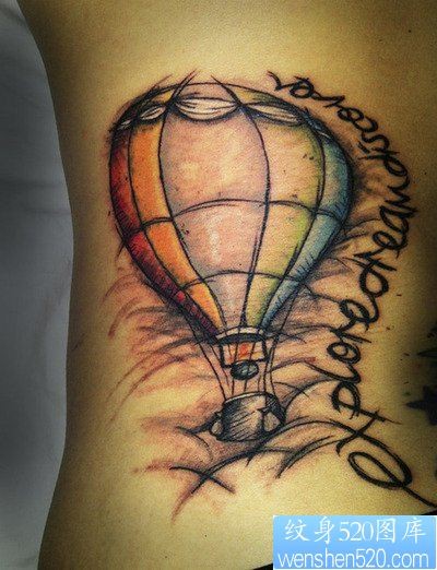 点击大图看下一张：一款腰部彩色热气球纹身图案