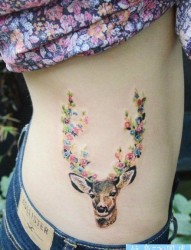 女性侧腰彩色小鹿纹身图案