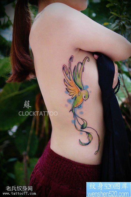 点击大图看下一张：女性侧腰彩色蜂鸟纹身图片