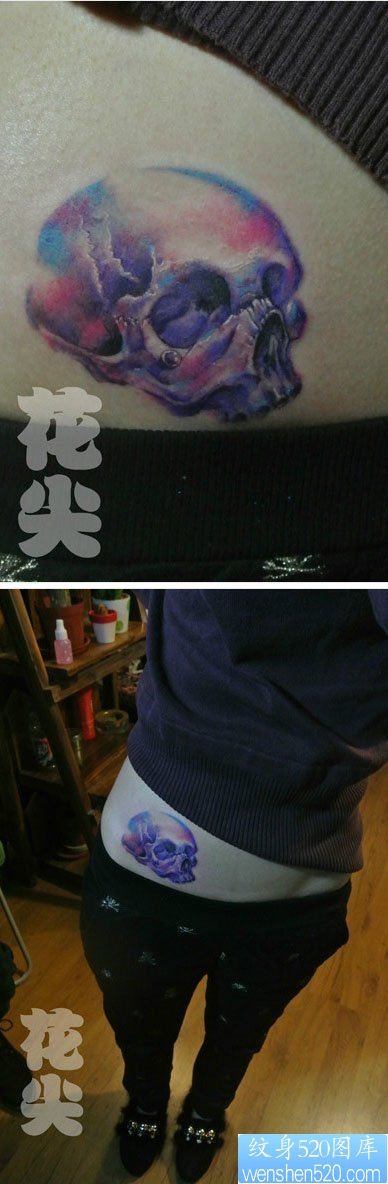 点击大图看下一张：女人腹部好看的彩色骷髅纹身图片