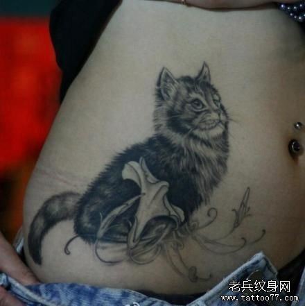 点击大图看下一张：女孩子腹部一幅黑灰小猫咪纹身图片