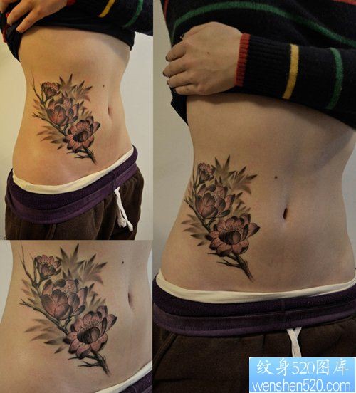 点击大图看下一张：美女腹部唯美的莲花纹身图片