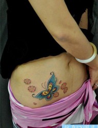 美女腹部漂亮的彩色蝴蝶与樱花纹身图片