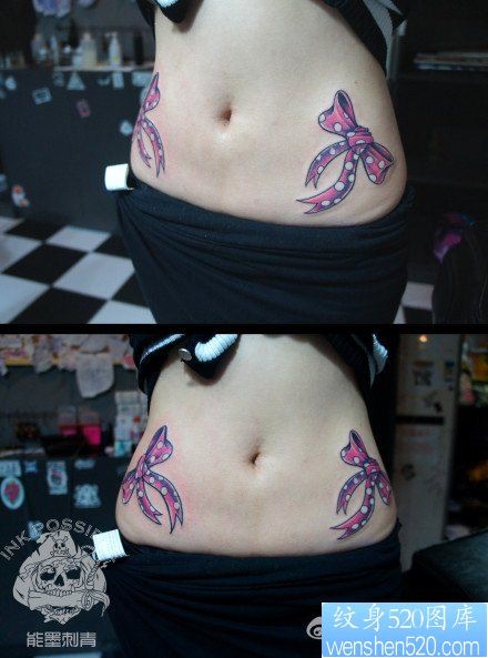 点击大图看下一张：女人腹部潮流漂亮的蝴蝶结纹身图片