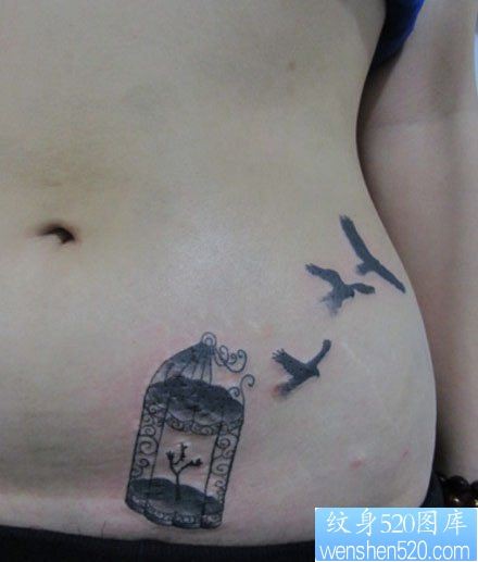 点击大图看下一张：女人腹部时尚好看的鸟笼与小鸟纹身图片