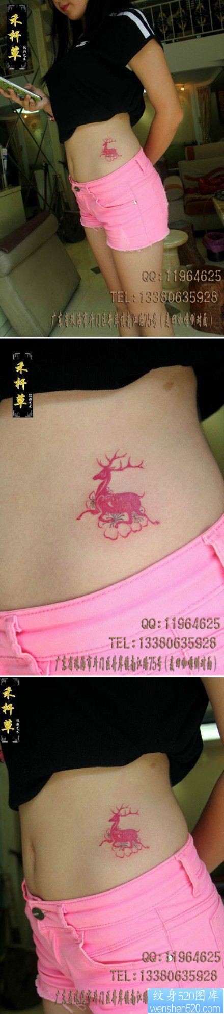 点击大图看下一张：女人腹部可爱小巧的梅花鹿纹身图片