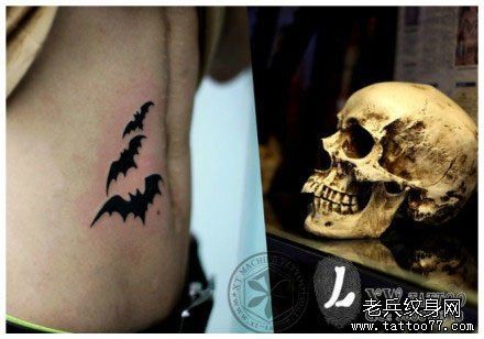 点击大图看下一张：腹部经典潮流的图腾蝙蝠纹身图片