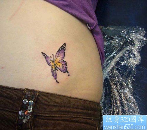 点击大图看下一张：女人腹部小巧潮流的彩色蝴蝶纹身图片