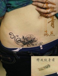 女人腹部唯美的黑白莲花纹身图片