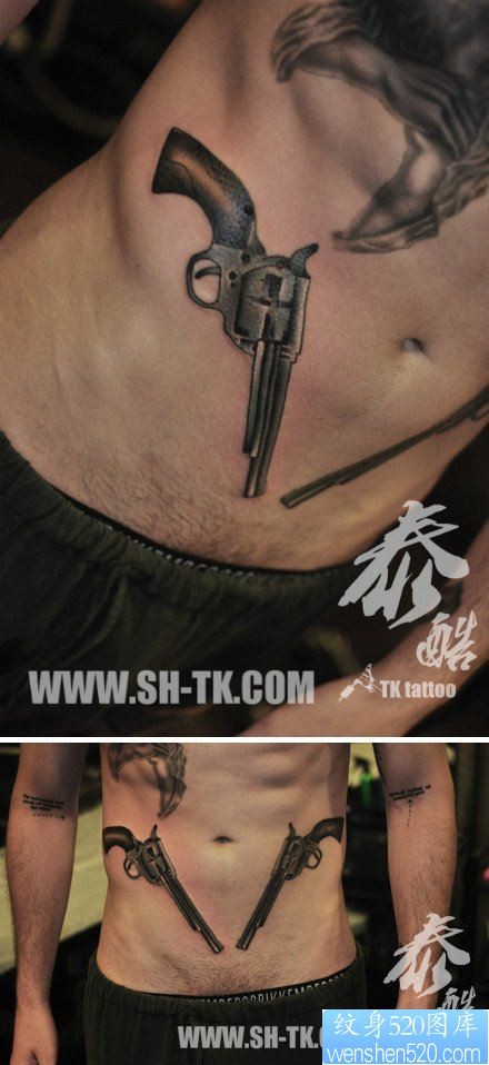 点击大图看下一张：男人腹部时尚潮流的手枪纹身图片