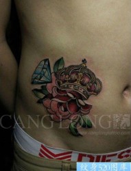 男人腹部经典时尚的皇冠玫瑰钻石纹身图片