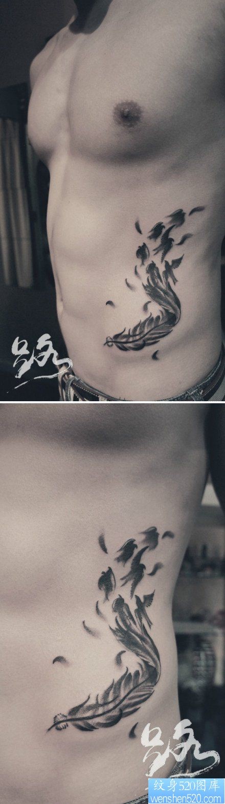 点击大图看下一张：男人腹部时尚唯美的羽化燕纹身图片