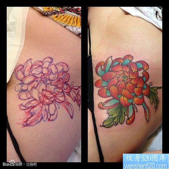 点击大图看下一张：美女腹部时尚精美的菊花纹身图片