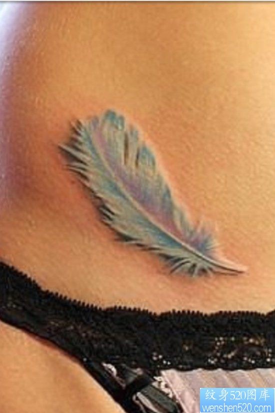 点击大图看下一张：女人腹部清雅的彩色羽毛纹身图片