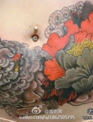 女人腹部经典时尚的唐狮与牡丹纹身图片