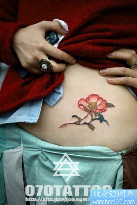 点击大图看下一张：女人腹部潮流精美的花卉纹身图片