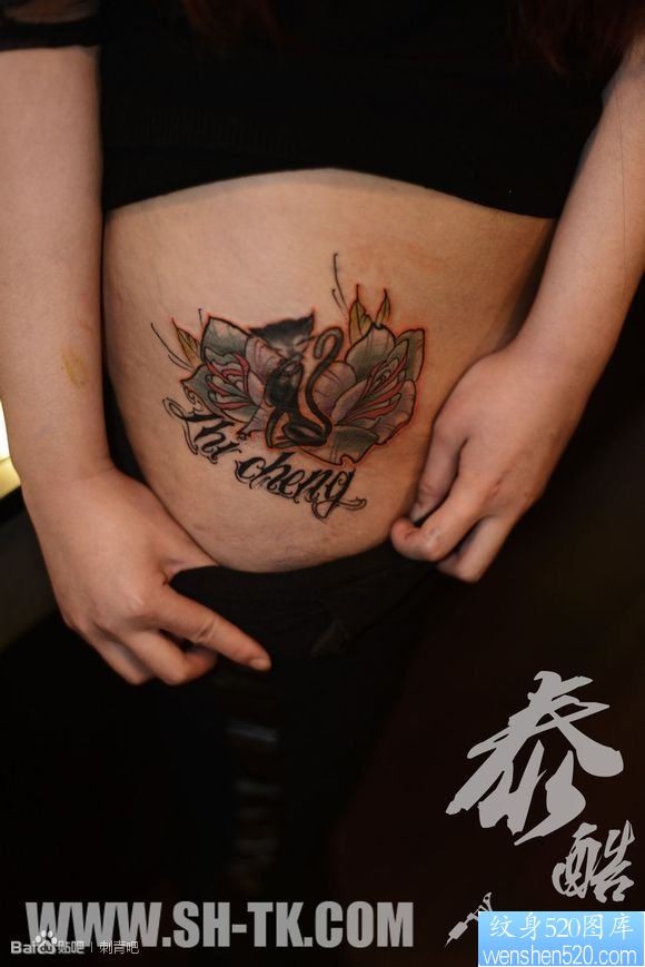 点击大图看下一张：腹部小猫双玫瑰花英文字母纹身图片