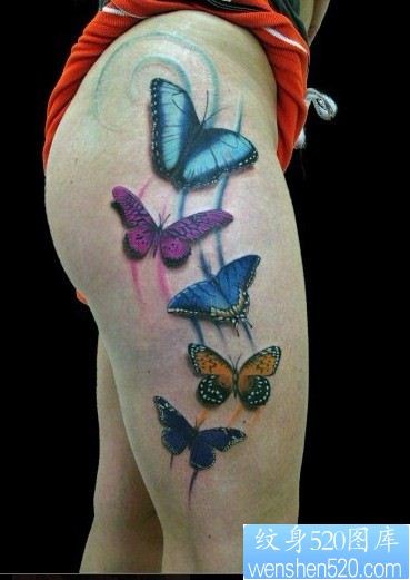 点击大图看下一张：臀部纹身图片：臀部彩色蝴蝶纹身图片纹身作品