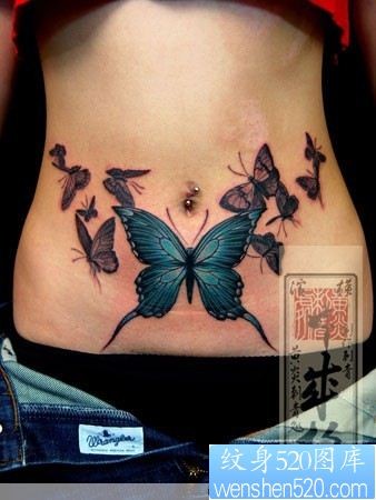 点击大图看下一张：美女腹部蝴蝶纹身—日本黄炎纹身图片