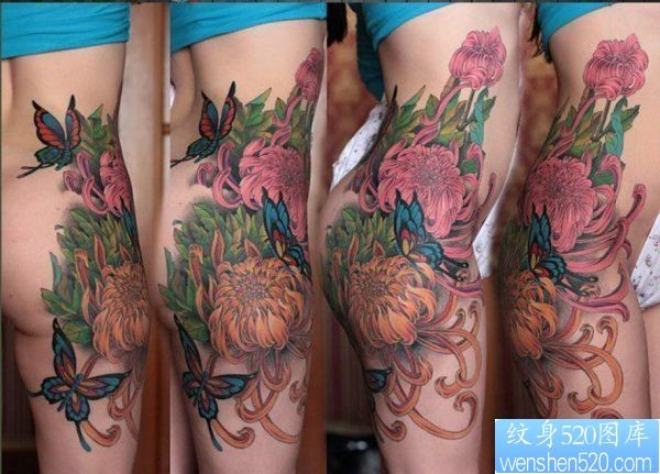 点击大图看下一张：性感的美女臀部彩色菊花蝴蝶纹身图片作品