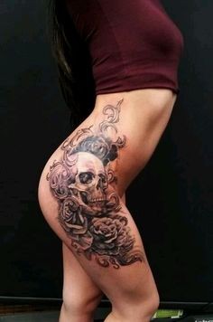 点击大图看下一张：女性腿部好看的骷髅纹身