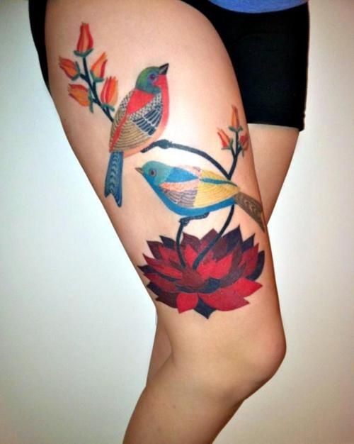 点击大图看下一张：腿部漂亮的小鸟莲花纹身