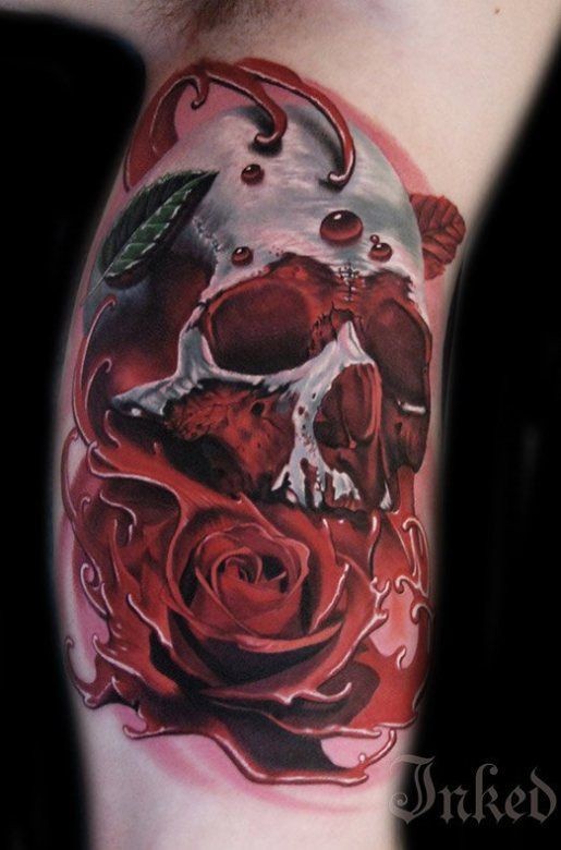 点击大图看下一张：腿部个性潮流的骷髅玫瑰纹身