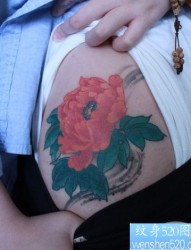 女孩子大腿上一款彩色牡丹花纹身图片