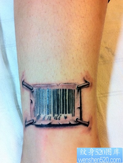 点击大图看下一张：条形码纹身图片：腿部条形码纹身图片纹身作品