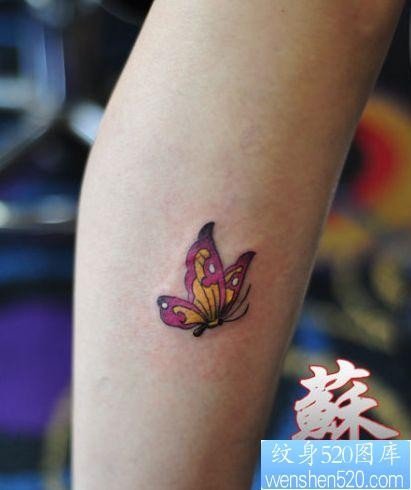 点击大图看下一张：女孩子腿部小巧精美的蝴蝶纹身图片