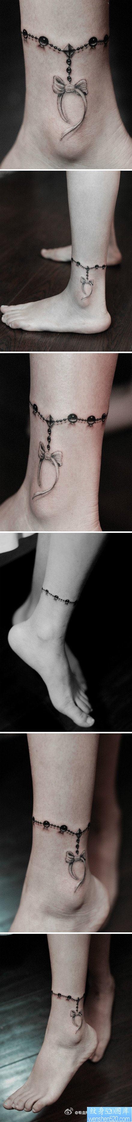 点击大图看下一张：女孩子腿部精美潮流的脚链纹身图片