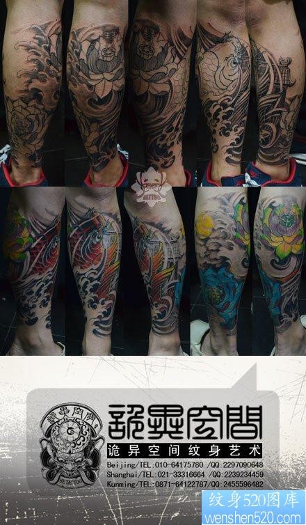 点击大图看下一张:腿部唯美经典的鲤鱼莲花纹身图片