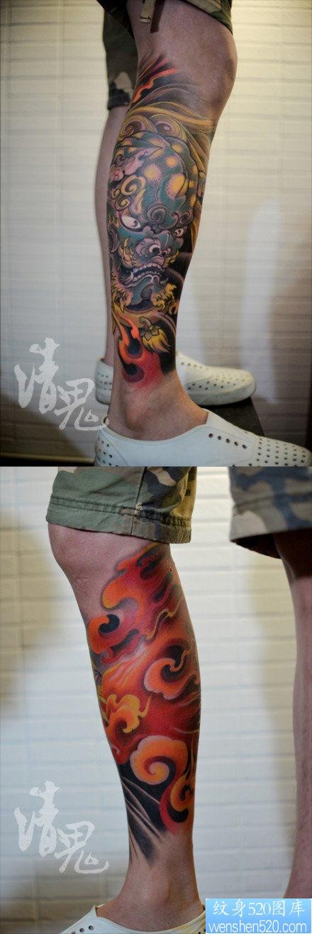 点击大图看下一张：男生腿部经典时尚的唐狮子纹身图片