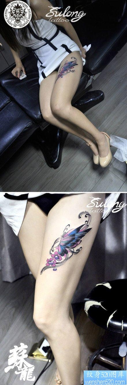 点击大图看下一张：美女腿部精美好看的彩色蝴蝶纹身图片