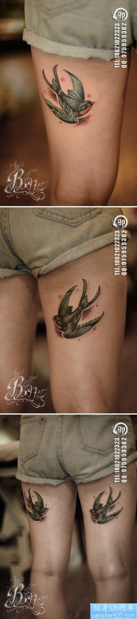 点击大图看下一张：女孩子腿部潮流时尚的小燕子纹身图片