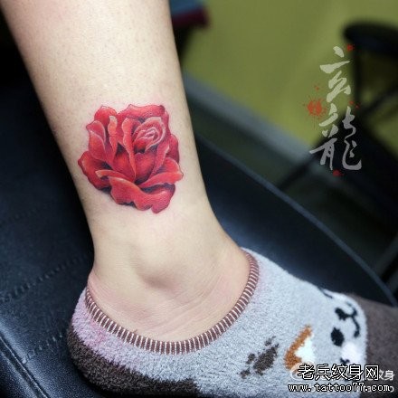 点击大图看下一张：女人腿部好看精美的红玫瑰纹身图片