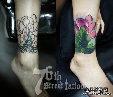 点击大图看下一张：女人腿部唯美好看的莲花纹身图片