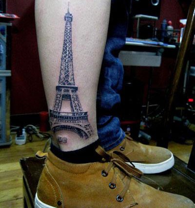 点击大图看下一张：腿部埃菲尔铁塔纹身图片由纹身520图库推荐