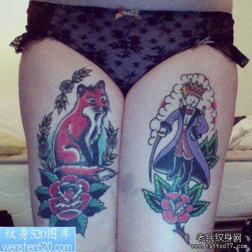 点击大图看下一张：女人腿部彩色狐狸纹身作品