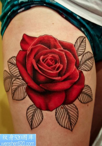 点击大图看下一张：大腿红色玫瑰花纹身图案